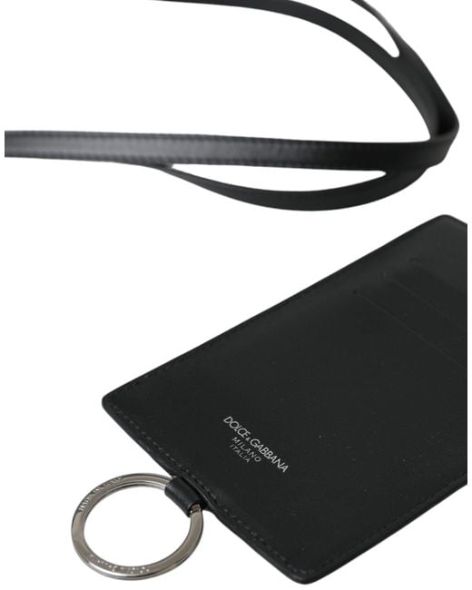 Dolce & Gabbana Black Calf Leather Lanyard Logo Card Holder Wallet for men