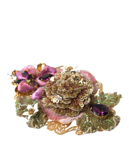 Dolce & Gabbana Multicolor Brass Floral Crystal Sequined Hair Clip