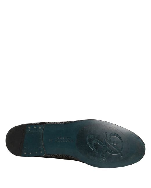Dolce & Gabbana Black Silver Jacquard Leather Slip On Loafers Shoes for men