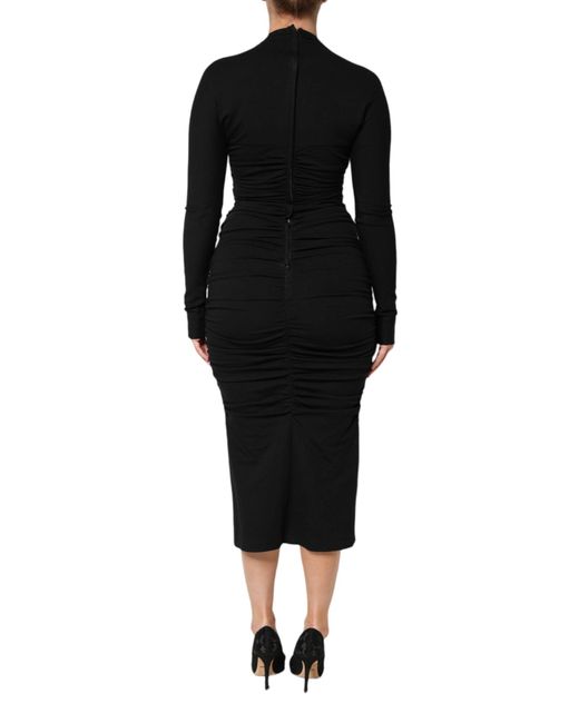 Dolce & Gabbana Black Ruched Midi Dress Keyhole Neckline