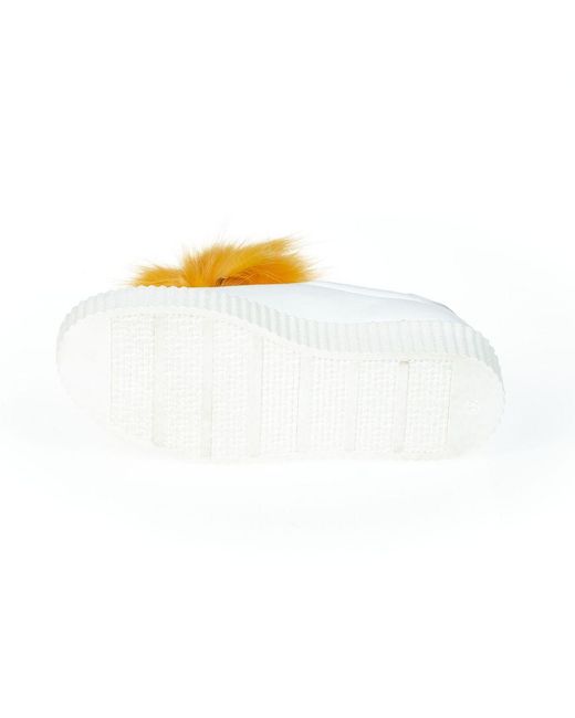 MR & MRS Yellow White Textile Sneaker With Real Fur Pom Poms