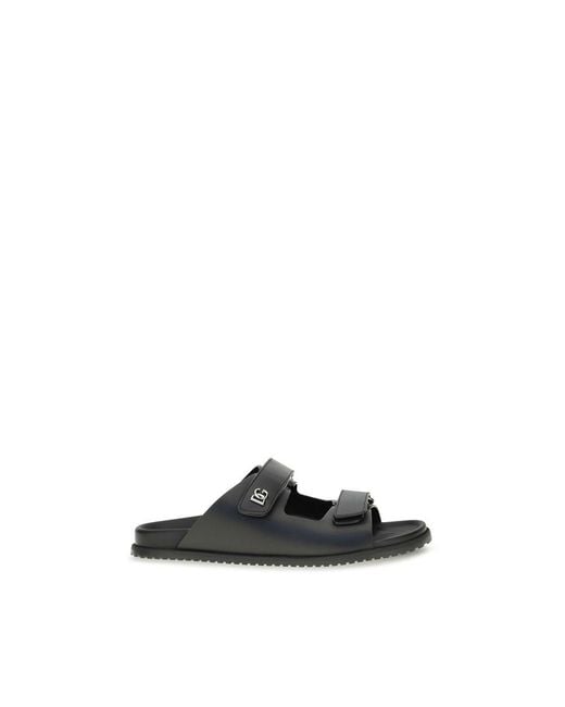 Dolce & Gabbana Black Calf Leather Bos Taurus Flat Sandals for men