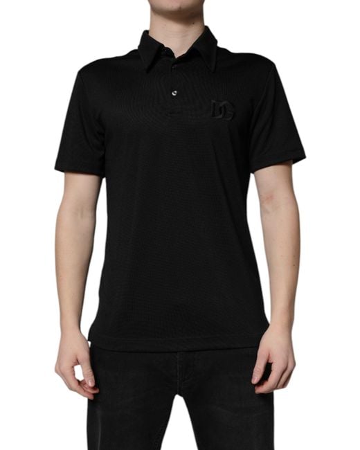 Dolce & Gabbana Black Polyester Dg Logo Collared Polo T for men