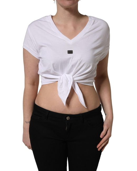 Dolce & Gabbana White Logo Embroidered Tiewaist Cropped Top