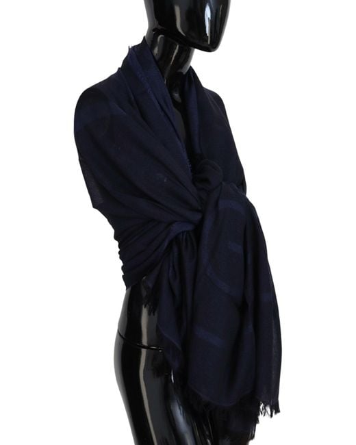 Gianfranco Ferré Black Dark Blue Wool Neck Wrap Shawl Fringes Scarf