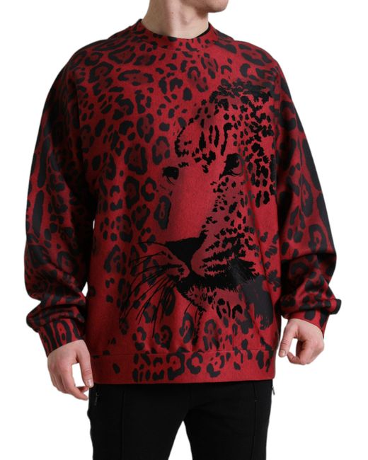 Dolce & Gabbana Red Leopard Print Crewneck Pullover Sweater for men