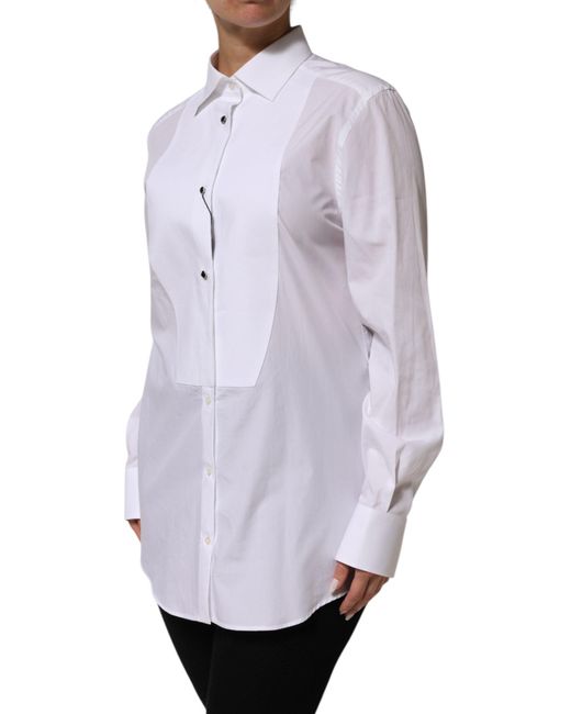 Dolce & Gabbana Gray White Cotton Tuxedo Bib Long Sleeve Dress Shirt