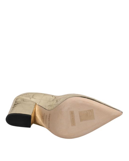 Sergio Rossi Metallic Gold Leather Pointed Toe Block Heels Shoes