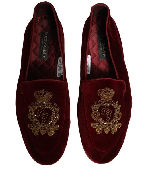 Dolce & Gabbana Red Maroon Velvet Crown Embroidery Loafers Shoes for men