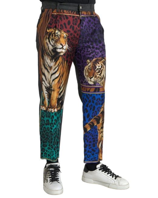 Dolce & Gabbana Blue Tiger Leopard Cotton Loose Tapered Pants for men