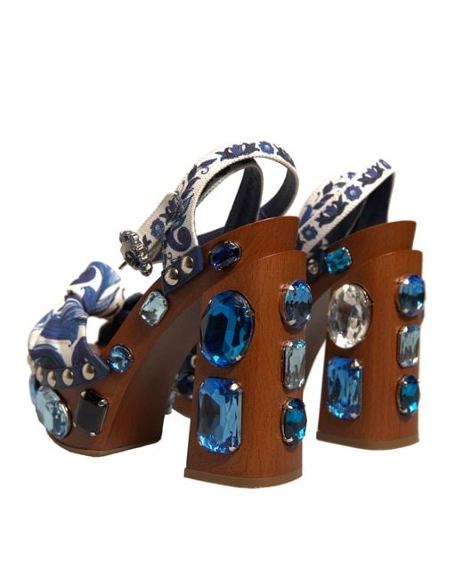 Dolce & Gabbana Blue Multicolor Majolica Embellished Wedge Sandals Shoes