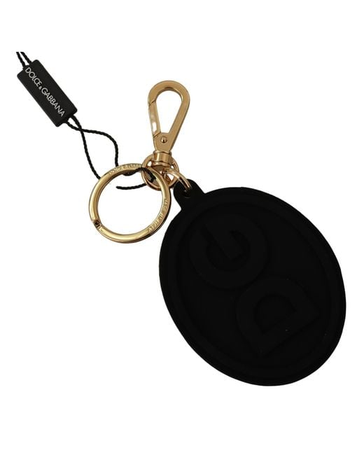 Dolce & Gabbana Black Rubber Dg Logo Gold Brass Metal Keyring Keychain for men