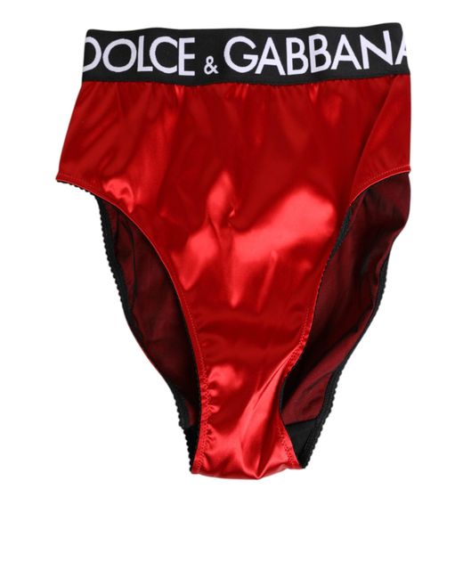 Dolce & Gabbana Red Satin High-Waist Briefs Logo Underwear Acetate Clothing