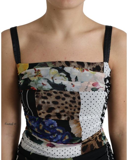 Dolce & Gabbana Black Multicolor Patchwork Midi Floral Leopard Bodycon Dress