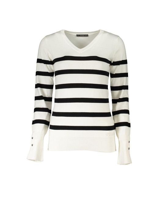 Guess White Chic V-Neck Striped Sweater With Logo Embroidery