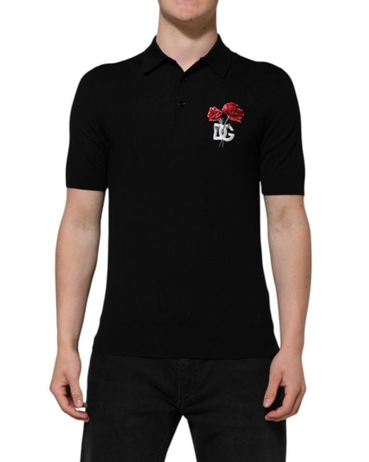 Dolce & Gabbana Black Wool Logo Floral Short Sleeve T-Shirt Virgin for men