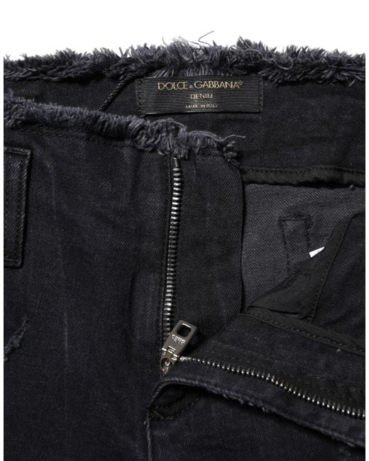 Dolce & Gabbana Black Cotton Tattered Skinny Denim Jeans for men