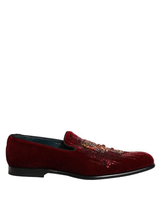 Dolce & Gabbana Red Maroon Sequin Gemstone Dress Loafers Shoes for men