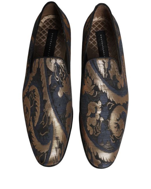 Dolce & Gabbana Gray Blue Brocade Slip On Men Dress Loafers Shoes for men