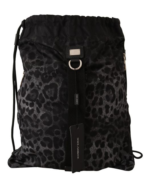 Dolce & Gabbana Black Leopard Print Backpack Nylon Drawstring Bag