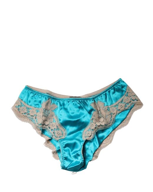 Dolce & Gabbana Blue Silk Satin Floral Lace Panty Brief Underwear