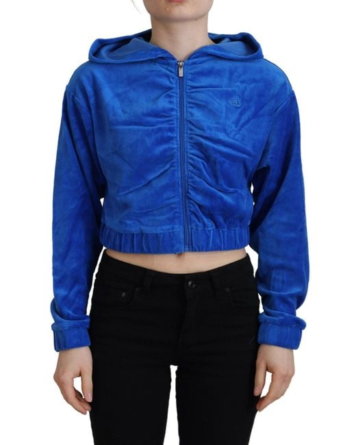Juicy Couture Blue Cotton Full Zip Cropped Hooded Sweatshirt Sweater