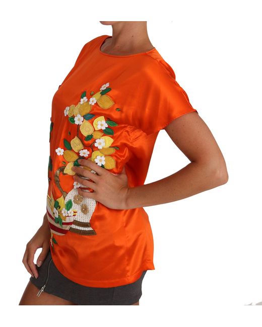 Dolce & Gabbana Silk Orange Lemon Crystal T-shirt Top