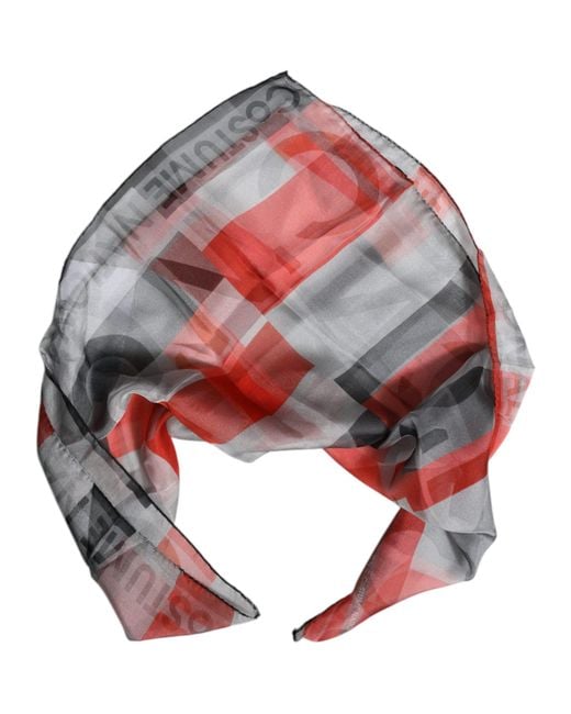 CoSTUME NATIONAL Gray Red Silk Square Neck Wrap Scarf