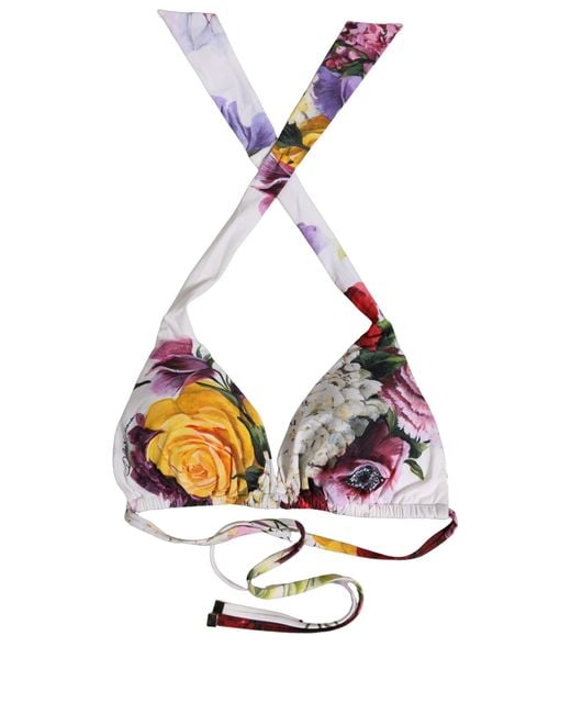 Dolce & Gabbana White Floral Print Triangle Beachwear Bikini Top