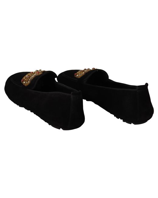 Dolce & Gabbana Black Dolce Gabbana Leather Crystal Gold Crown Loafers Shoes for men