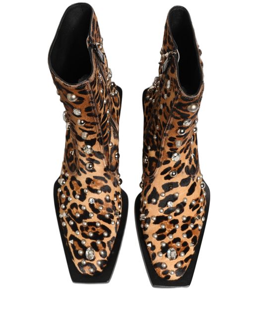 Dolce & Gabbana Brown Leopard Embellished Mid Calf Men Boots Shoes for men