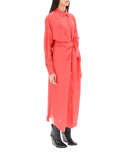 MSGM Red Jacquard Satin Shirt Dress