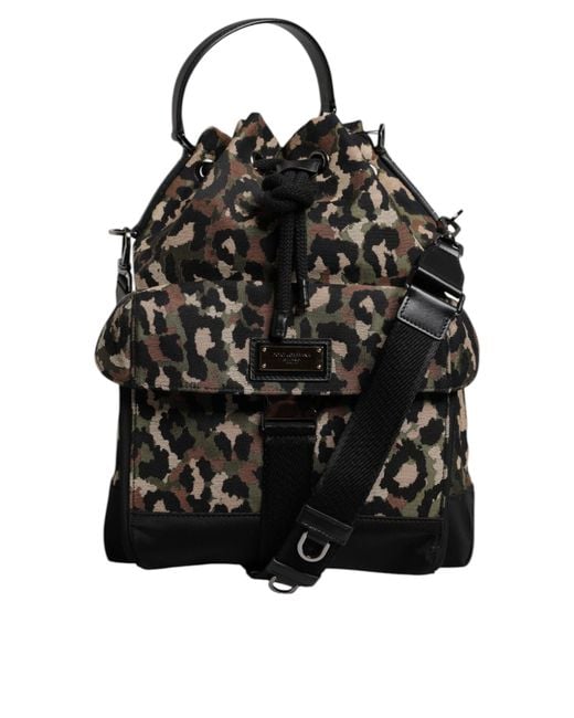 Dolce & Gabbana Black Multicolor Leopard Cotton Shoulder Bucket Bag for men