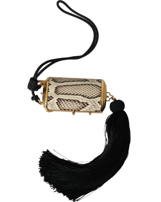 Dolce & Gabbana White Beige Exotic Leather Mini Mirror Tassel Make Up Holder Bag