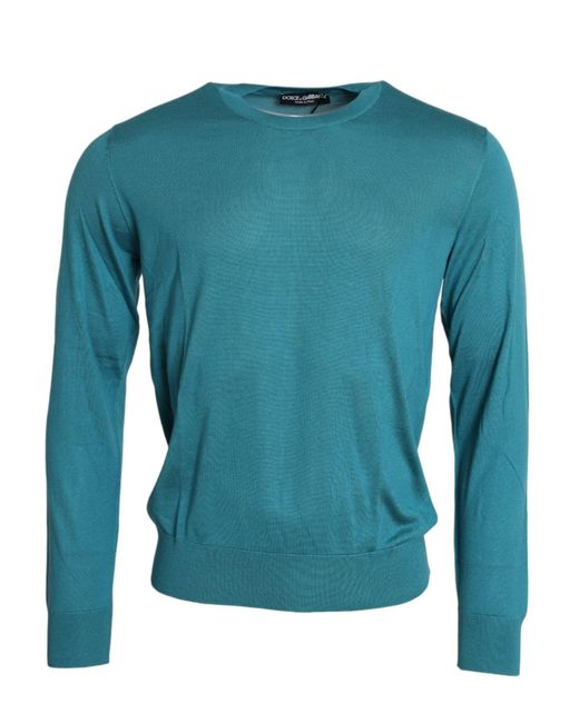 Dolce & Gabbana Blue Silk Crew Neck Pullover Sweater for men