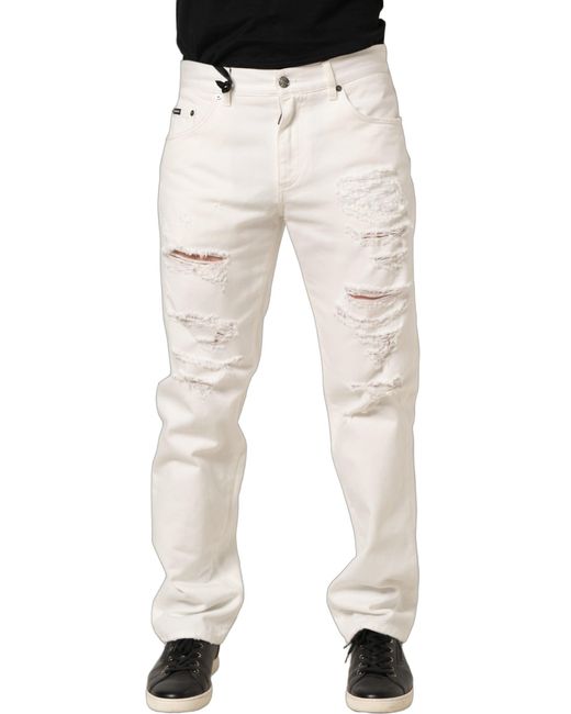 Dolce & Gabbana Natural White Cotton Distressed Straight Denim Jeans for men