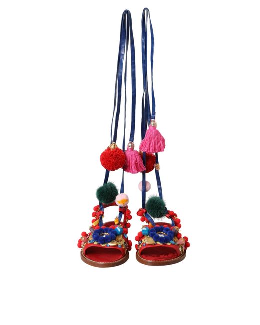Dolce & Gabbana Red Pom Pom Fur Wrap Sandals Shoes