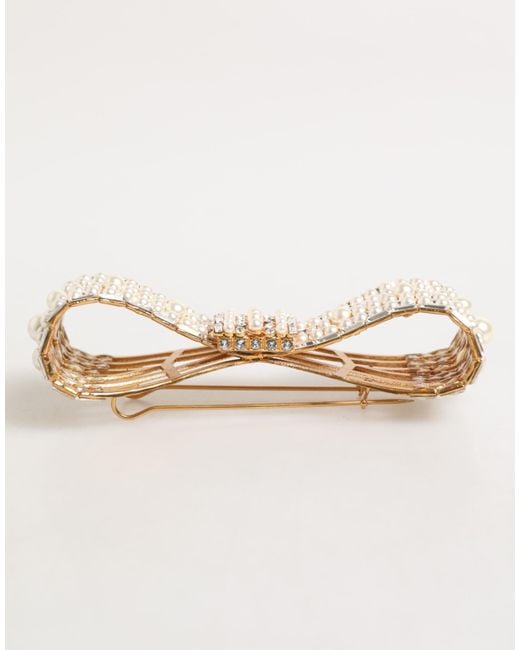 Dolce & Gabbana Natural Brass Glas Crystal Faux Pearl Embellished Brooch