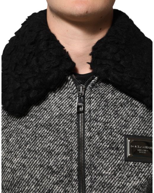Dolce & Gabbana Gray Wool Herringbone Shearling Collar Bomber Jacket for men
