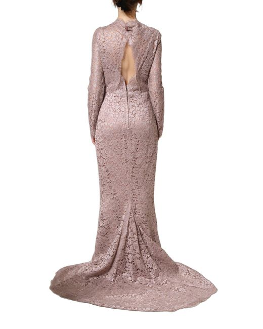 Dolce & Gabbana Brown Pink Lace Long Sleeves Evening Gown Dress