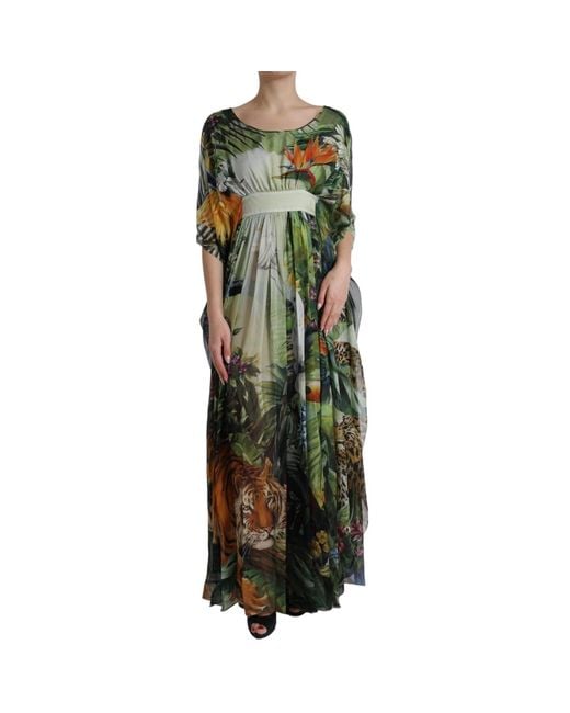 Dolce & Gabbana Green Multicolor Silk Jungle Print Maxi Dress