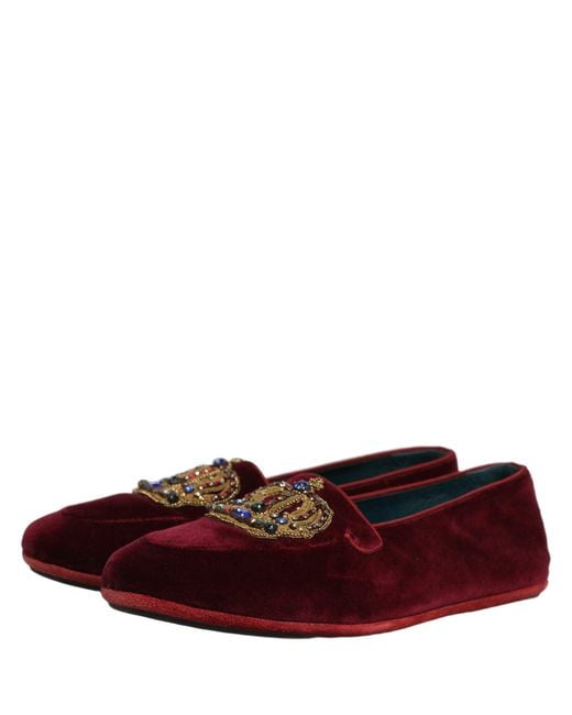 Dolce & Gabbana Red Burgundy Velvet Crown Slip On Loafers Shoes for men