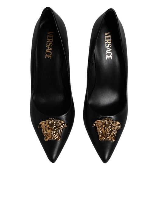 Versace Black Leather Logo Plaque High Heels Pumps Shoes