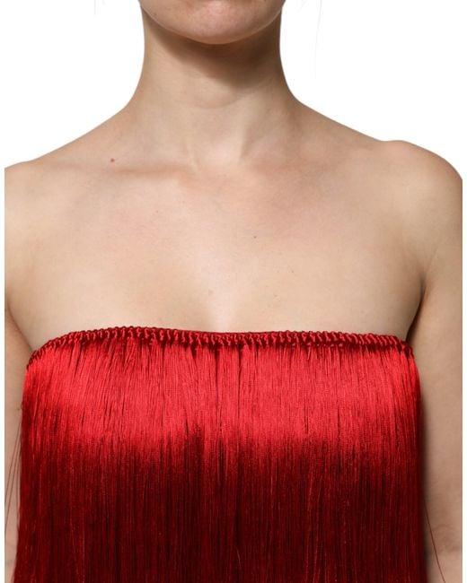Dolce & Gabbana Red Silk Strapless Fringe Crop Tube Top for men