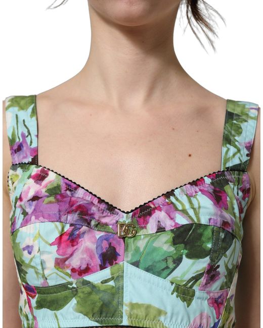Dolce & Gabbana Green Floral Cropped Bustier Tank Top Elastane Nylon Cotton