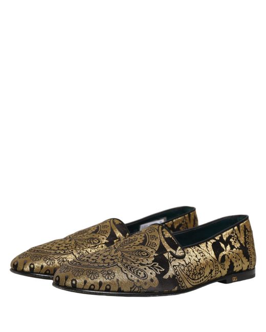 Dolce & Gabbana Gray Gold Jacquard Leather Slip On Loafers Shoes for men