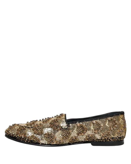 Dolce & Gabbana Gray Gold Sequin Embellished Dress Loafers Shoes for men