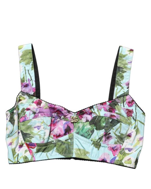 Dolce & Gabbana Green Floral Cropped Bustier Tank Top Elastane Nylon Cotton