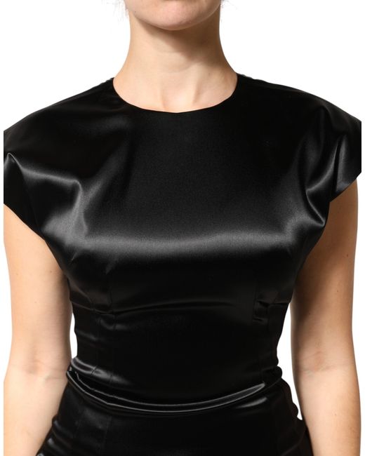 Dolce & Gabbana Black Satin Sheath Midi Cap Sleeves Dress