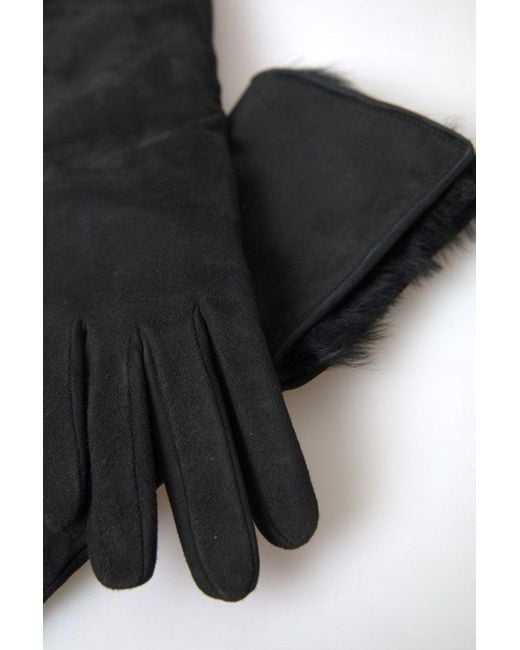 Dolce & Gabbana Black Leather Fur Elbow Length Gloves for men
